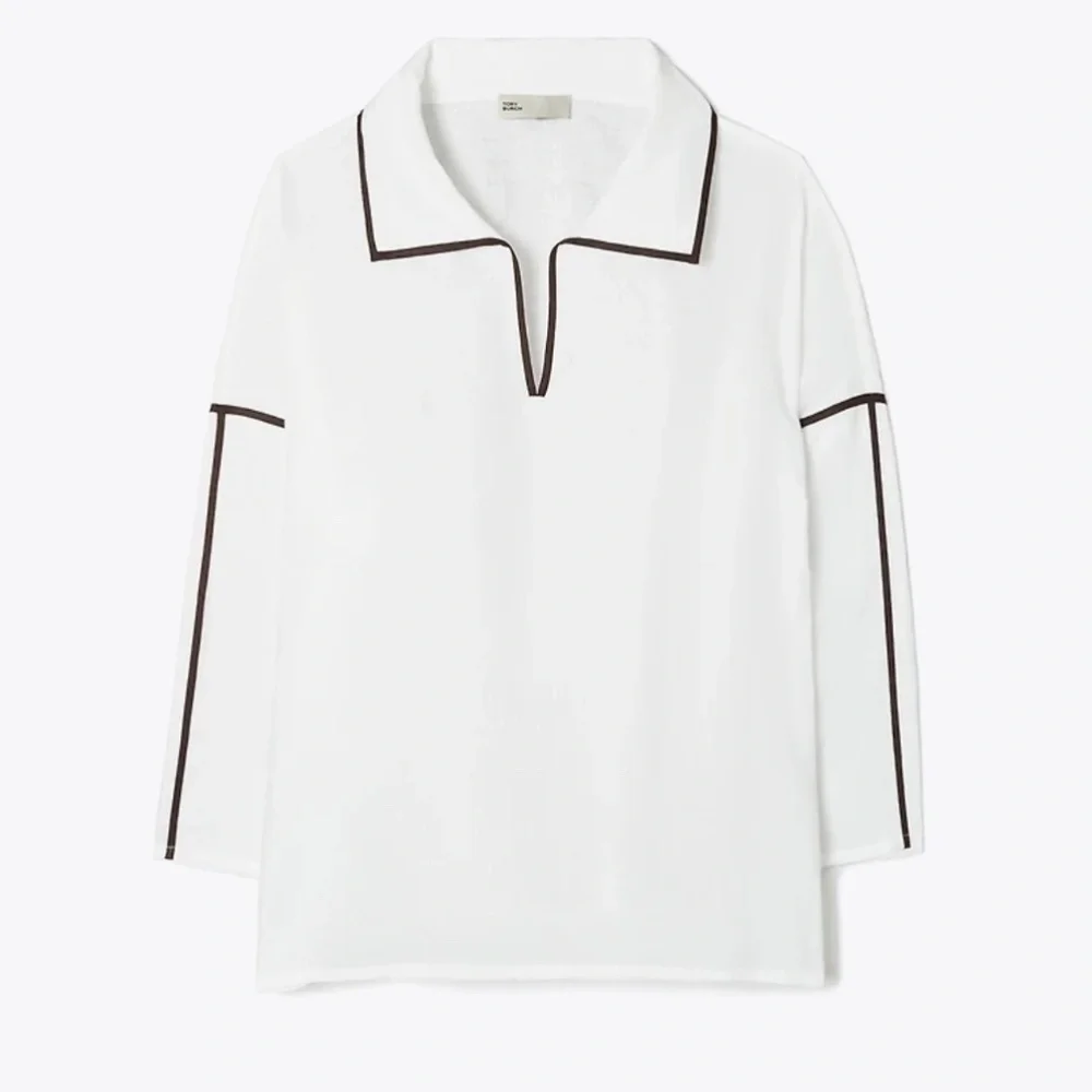 Tory Burch Linen Tunic Shirt White w/ Brown Contrast Taping Size S NWOT - Picture 2 of 9